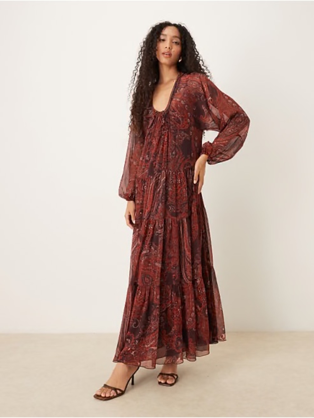 Mango MNG Paisley Print Boho Tiered Chiffon Sheer Oversized Maxi Dress Size 4